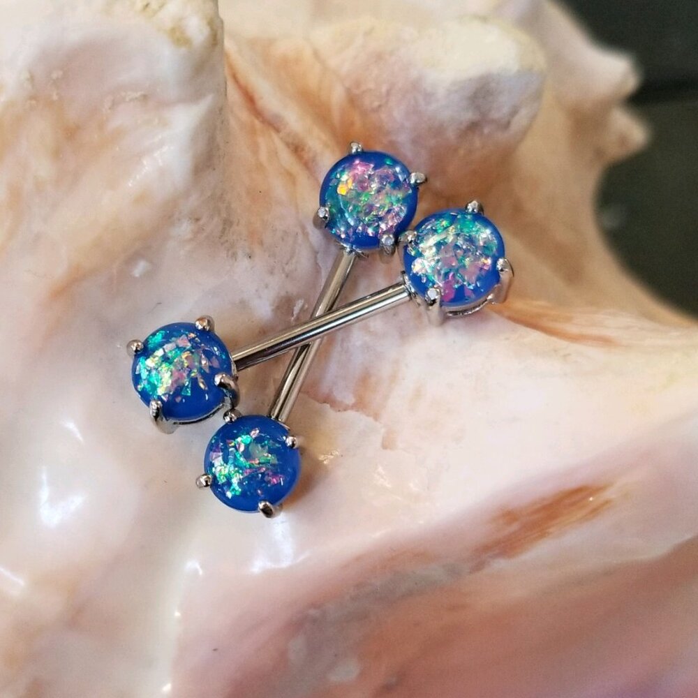Blue glitter synthetic opal nipple bars 14G NWT externally threaded Pair